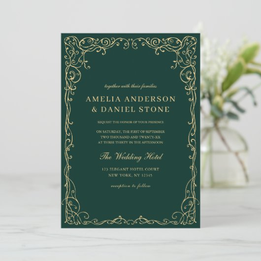 QR Code Emerald Green Gold Minimal Wedding Einladung (Stehend Vorderseite)