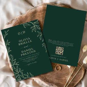 QR Code Emerald Green Gold Monogram Leaf Wedding Einladung