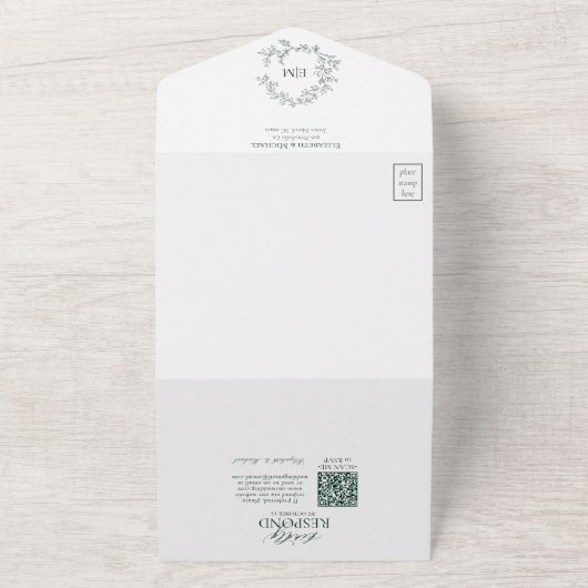 QR Code Emerald Green Leafy Wappen Monogram All In One Einladung (Außenbereich)