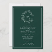QR Code Emerald Green Leafy Wappen Monogram Weddin Einladung (Vorderseite)