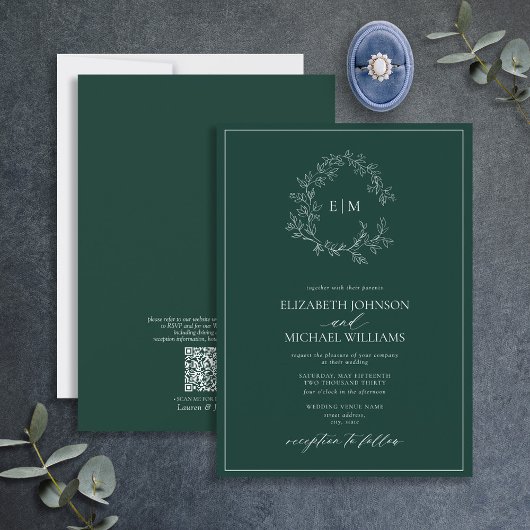 QR Code Emerald Green Leafy Wappen Monogram Weddin Einladung
