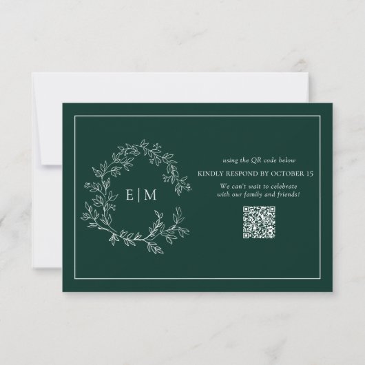 QR Code Emerald Green Leafy Wappen Monogram Weddin RSVP Karte (Rückseite)