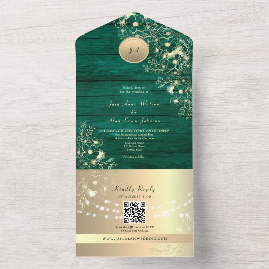 QR Code Emerald Rustic Gold Lights Wedding All In One Einladung (Innen Boden)