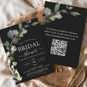 QR-Code Eucalyptus Black Modern Brautparty Einladung