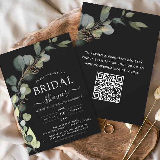 QR-Code Eucalyptus Black Modern Brautparty Einladung
