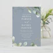 QR Code Eucalyptus Dusty Blue Foto Wedding Einladung (Stehend Vorderseite)