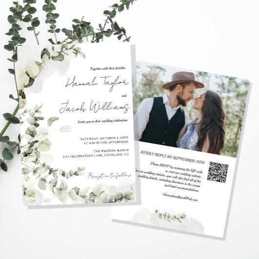 QR Code Eucalyptus Foto Wedding Einladung