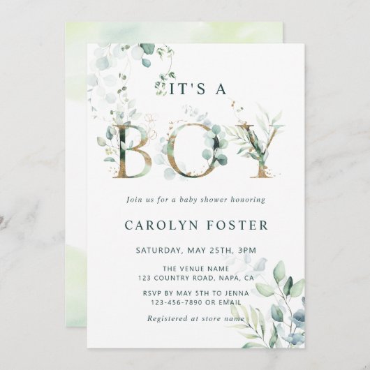 QR-Code Eucalyptus Gold Letter Boy Baby Shooter    Einladung (Vorne/Hinten)