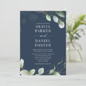 QR Code Eucalyptus Navy Blue Foto Wedding Einladung (Stehend Vorderseite)