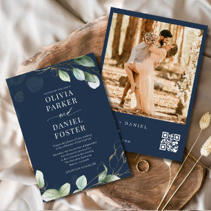 QR Code Eucalyptus Navy Blue Foto Wedding Einladung