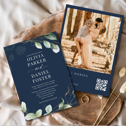 QR Code Eucalyptus Navy Blue Foto Wedding Einladung
