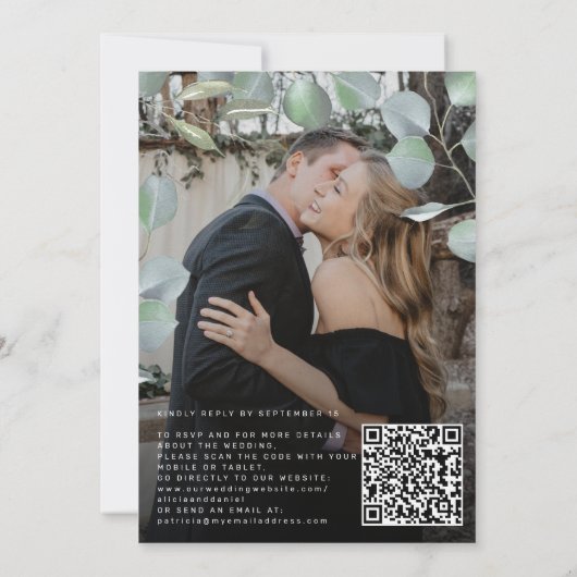 QR CODE eucalyptus photo overlay black wedding Einladung (Rückseite)
