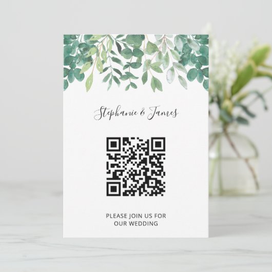 QR Code Eukalyptus Greenery Einladung Hochzeit (Stehend Vorderseite)