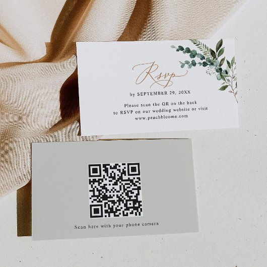 QR Code Eukalyptus Greenery Gold Wedding RSVP Card Visitenkarte