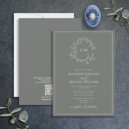 QR Code Eukalyptus Leafy Wappen Monogram Wedding Einladung