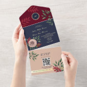 QR Code Fall Burgundy Navy Hochzeit All In One Einladung (Abreißen)