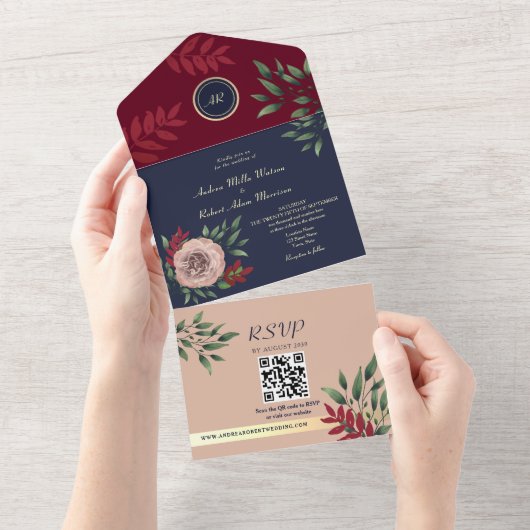 QR Code Fall Burgundy Navy Hochzeit All In One Einladung (Abreißen)