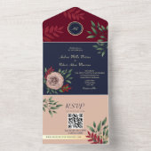 QR Code Fall Burgundy Navy Hochzeit All In One Einladung (Innen Boden)