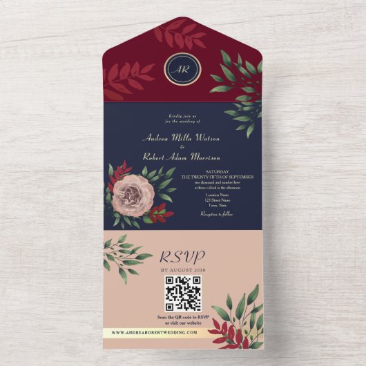 QR Code Fall Burgundy Navy Hochzeit All In One Einladung (Innen Boden)