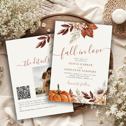 QR-Code Fall in Love botanischer Kürbis Hochzeit Einladung