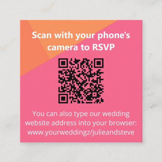 QR Code Farbblock Orange Pink Wedding RSVP Begleitkarte (Vorderseite)