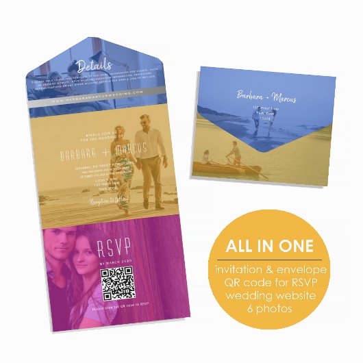QR-Code Farbige Foto-Hochzeit All In One Einladung