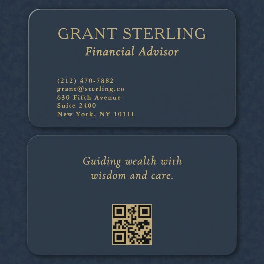 QR Code Financial Advisor Minimal Navy Blue Gold  Visitenkarte