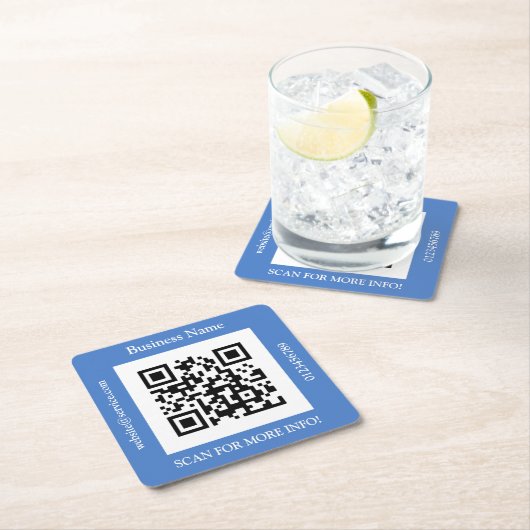 QR Code Firmenname, Website Promo, blau Rechteckiger Pappuntersetzer (Vor Ort)