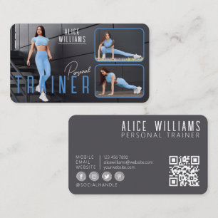 QR Code Fitness Blue & Gray Personal Trainer Foto Visitenkarte