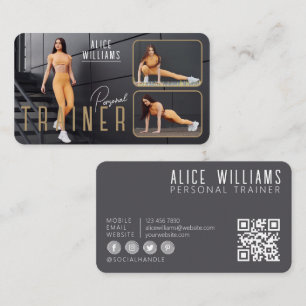 QR Code Fitness Gold & Gray Personal Trainer Foto Visitenkarte