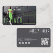 QR Code Fitness Green Gray Personal Trainer Foto Visitenkarte (Vorne/Hinten)