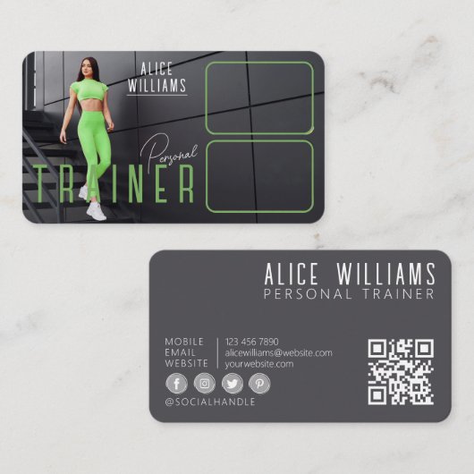 QR Code Fitness Green Gray Personal Trainer Foto Visitenkarte (Vorne/Hinten)