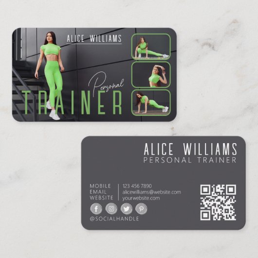 QR Code Fitness Green Gray Personal Trainer Foto Visitenkarte (Vorne/Hinten)