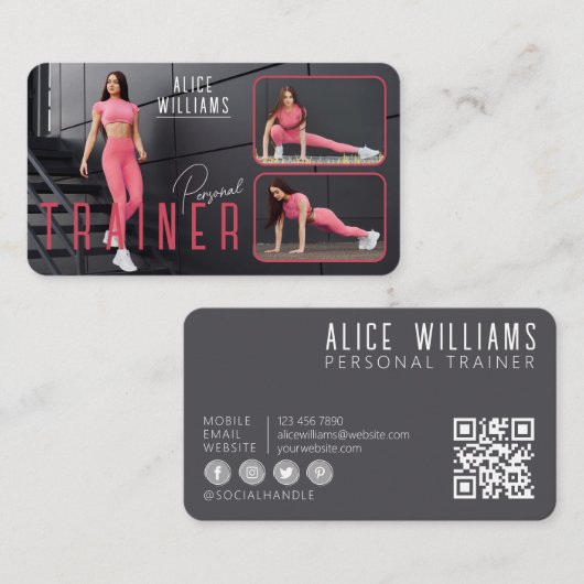 QR Code Fitness Pink & Grau Personal Trainer Foto Visitenkarte (Vorne/Hinten)