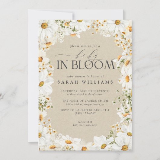 QR Code Floral Daisy Baby in Bloom Rustic Dusche Einladung (Vorderseite)