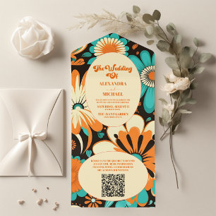 QR-Code Floral Groovy Retro Hochzeit All In One Einladung