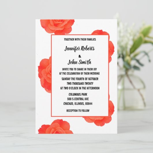 QR Code Floral Orange Rose Patterns Boho Wedding Einladung (Stehend Vorderseite)