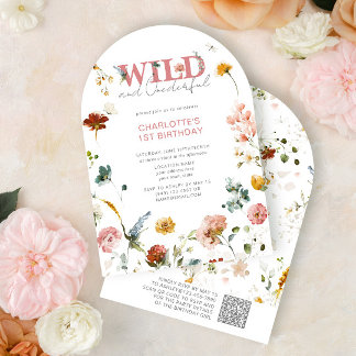QR Code Floral Pink Wild & Onederful 1. Geburtstag Einladung