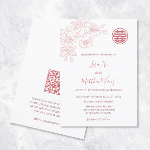 QR-Code   Florale Röte-Pink Chinesische Hochzeit Einladung