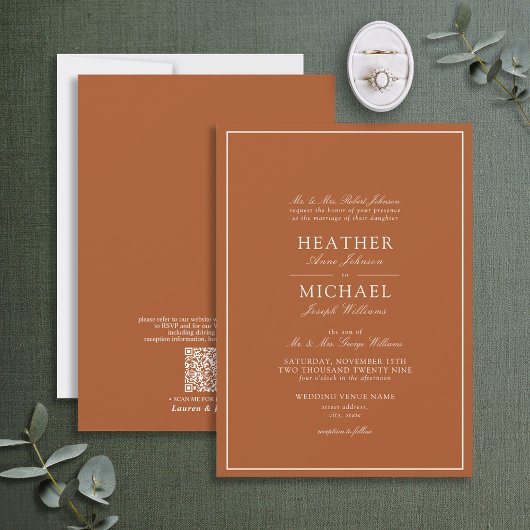 QR Code Formal Burnt Orange Classic Script Wedding Einladung