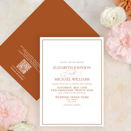 QR Code Formal Burnt Orange Classic Script Wedding Einladung