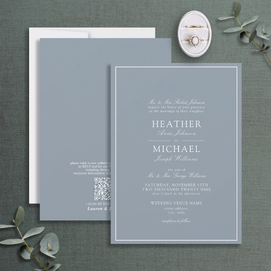 QR Code Formal Dusty Blue Classic Script Wedding Einladung