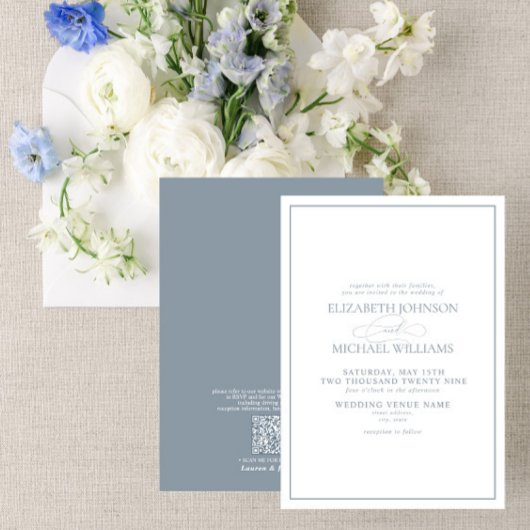 QR Code Formal Dusty Blue Classic Script Wedding Einladung