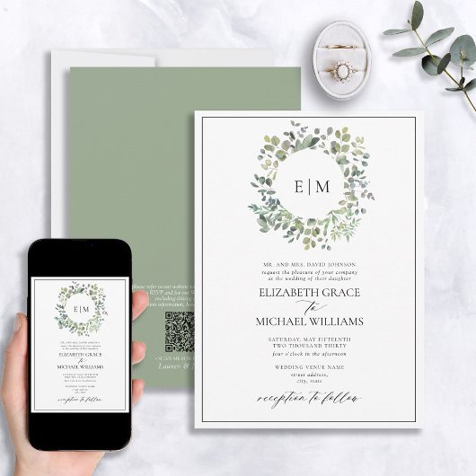 QR-Code Formale Größe Grünes Eukalyptus Monogramm Einladung