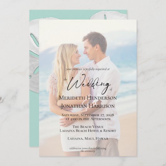 QR Code Foto Beach Sea Glass Sand Dollar Elegant Einladung (Vorne/Hinten)