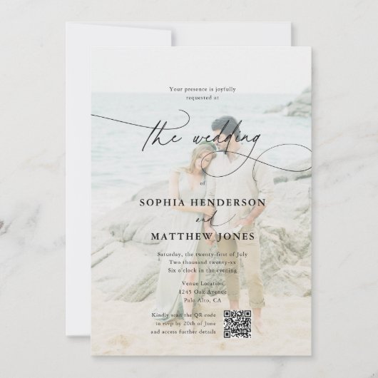 QR Code Foto Calligraphy Elegant Wedding Einladung (Vorderseite)