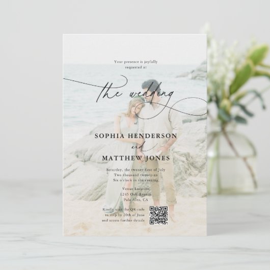 QR Code Foto Calligraphy Elegant Wedding Einladung (Stehend Vorderseite)