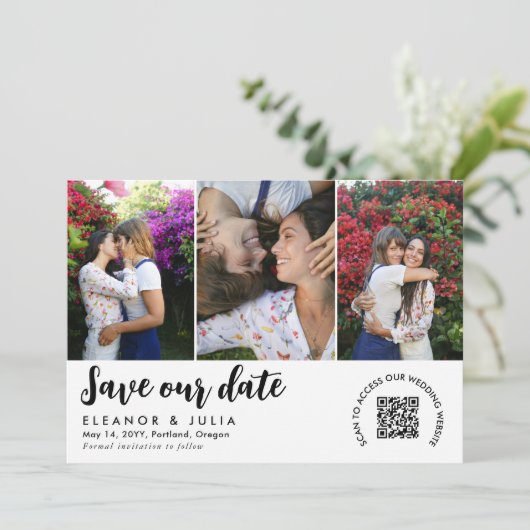 QR Code Foto Collage Wedding Save the Date (Stehend Vorderseite)
