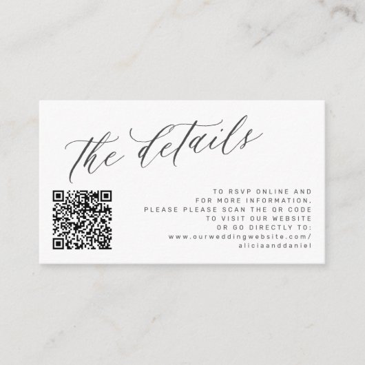 QR-Code Foto elegante Skripte Hochzeitsdetails wei Begleitkarte (Vorderseite)