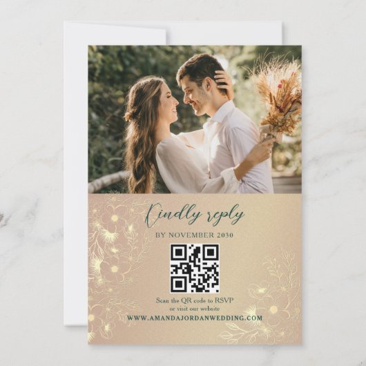 QR Code Foto Emerald Green Gold Wedding Einladung (Rückseite)